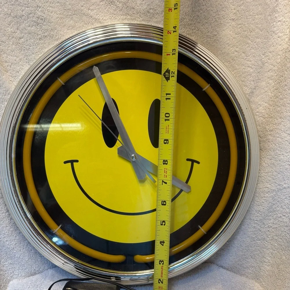 Smiley Face Neon Yellow Light Up Clock with Silver Chrome Frame